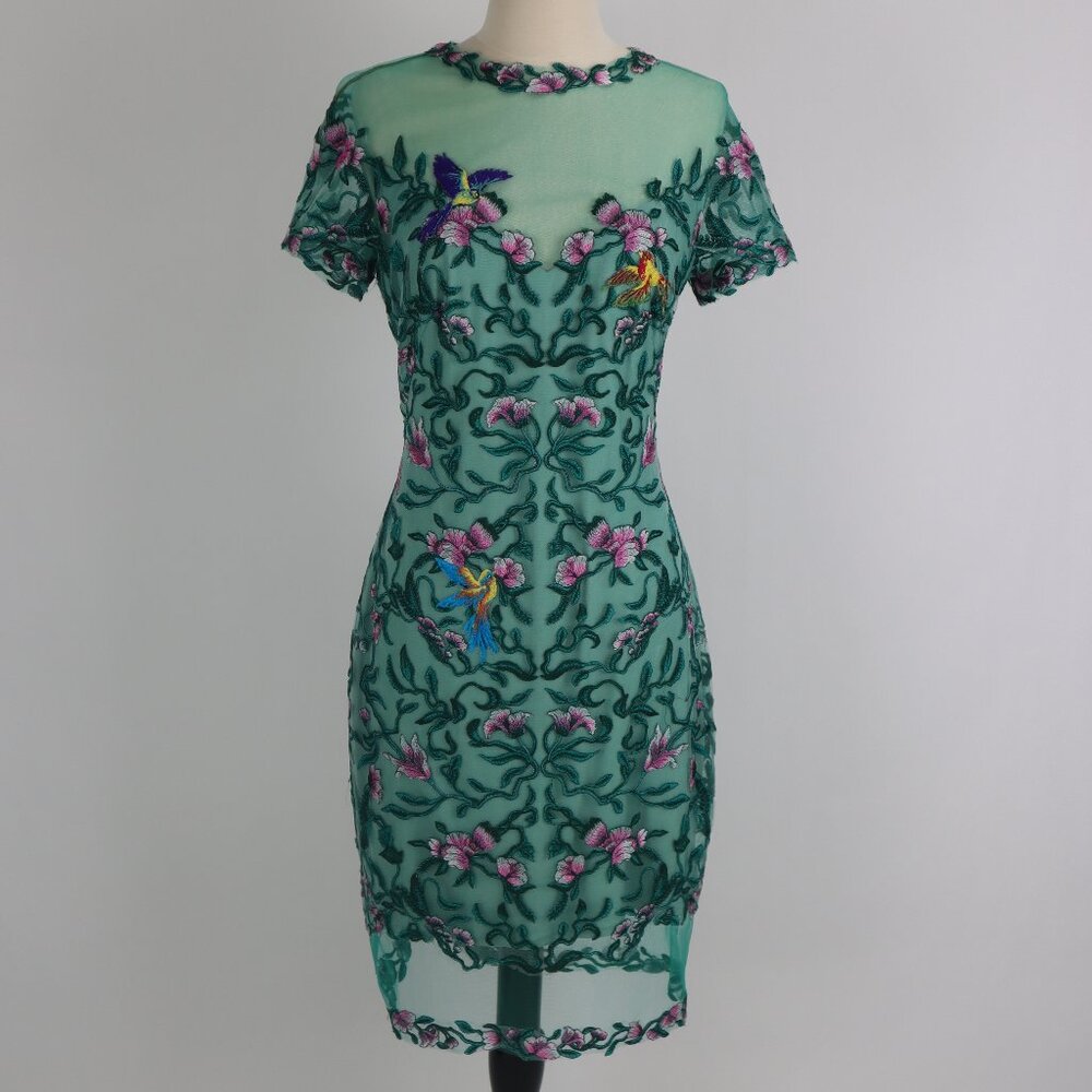 🌺 Tadashi Verena Green Sheer Illusion Embroidered Floral Bird Lace Dress Sz 10